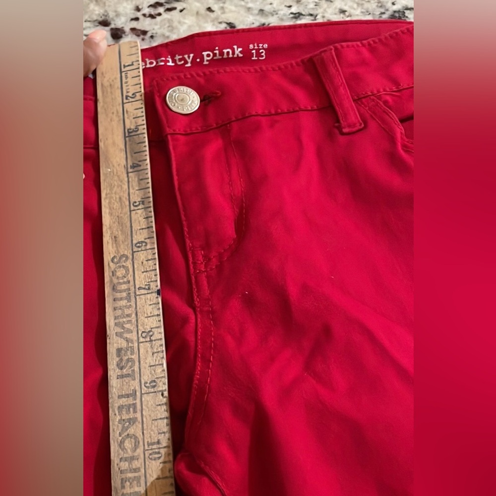 Celebrity Pink stretchy Bold Scarlet Red Jr SZ 13 Pants w silver logo plate EUC - Picture 12 of 13